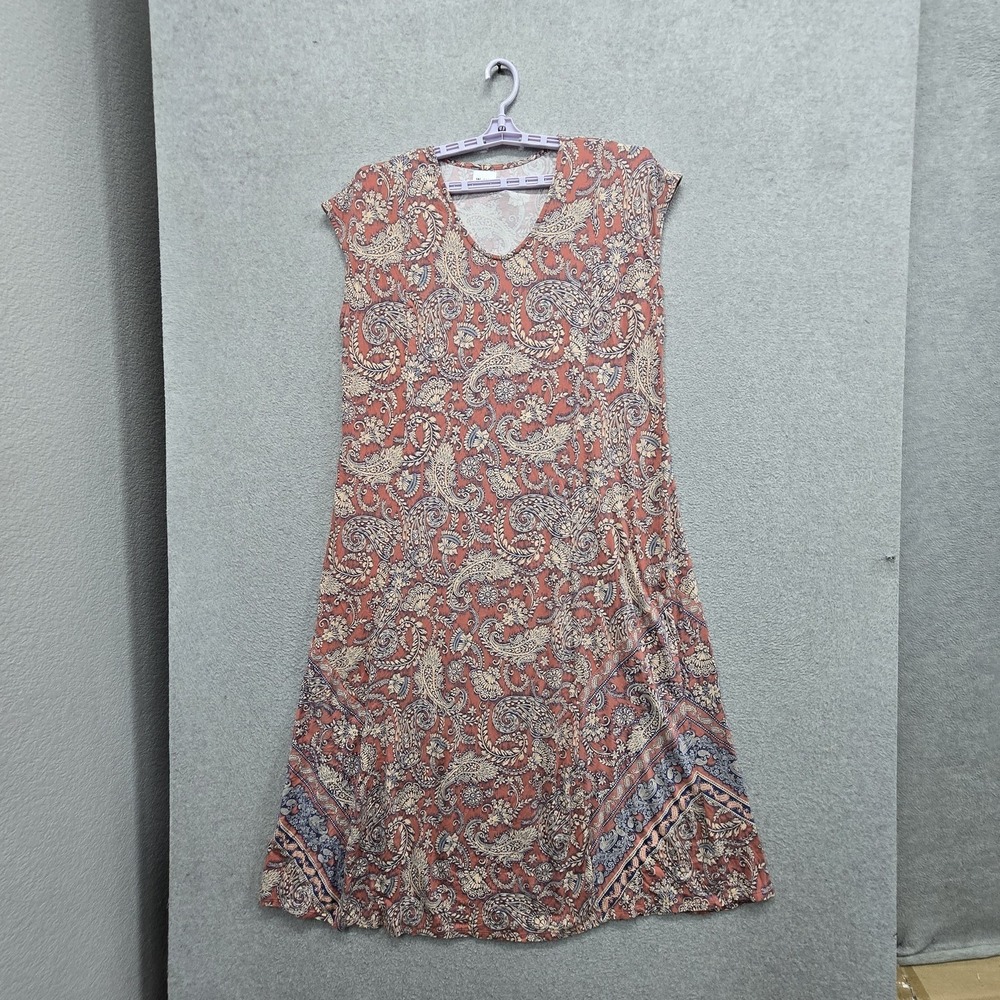 Pure Jill Women Dress L Rust Paisley Maxi Placed Border Cottagecore Short Sleeve